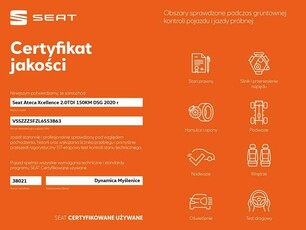 Seat Ateca Xcellence 2.0TDI 150KM DSG 2020 r., serwisowana, f-a VAT