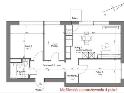 55,5 m2 , 3 pokoje z możliwością aranżacji 4