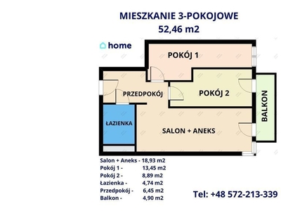 Mieszkanie 3 pok. 52.46.m2 Projektant/Przybyszówka