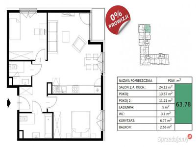 Oferta sprzedaży mieszkania Kraków 63.75m2 3 pokoje