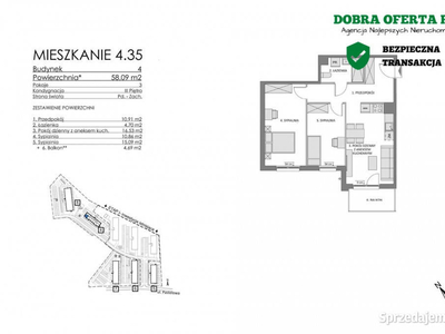 Bez czekania! 3pok 58.1m2 balkon 4.69m2 Płd-Zach.