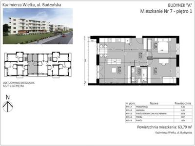 Mieszkanie 63,95m2, parter, 3 pokoje, balkon