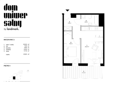 2 pokojowe mieszkanie z aneksem kuchennym 43,96 m2