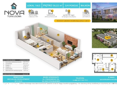 3-pokojowe mieszkanie 56,22m2 + balkon / nr 1A/2