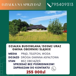 SPRZEDAM PIĘKNĄ DZIAŁKĘ BUDOWLANĄ W MIEJSCOWOŚCI URAZ (OBORNIKI ŚLĄSKIE)!