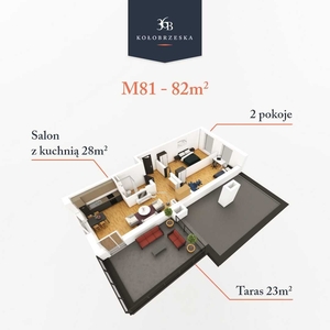 Mieszkanie 82 m2, 3 pokoje + taras, Kołobrzeska 36B