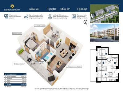Blok 2 Apartament 42,6 m² 3 POKOJE Centrum Windy