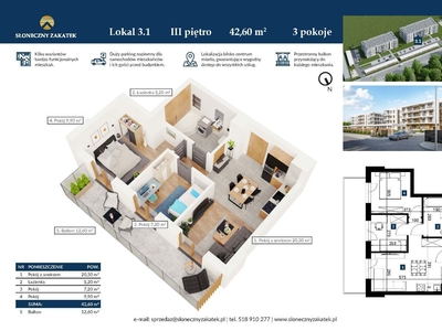 Blok 2 Apartament 42,6 m² 3 POKOJE Centrum Windy