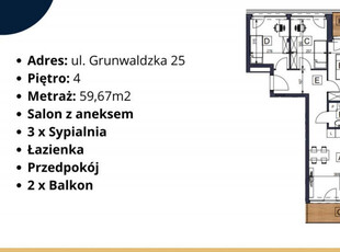 Mieszkanie 59.67m2 4 pokojowe Bydgoszcz Grunwaldzka