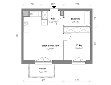 2 pokoje, 40,54m2, Targówek, balkon