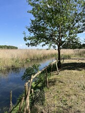 Dzialka budowlana nad rzeką z linią brzegu i wjazdem z asfaltu