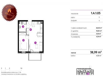 Mieszkanie na sprzedaż 38,99 m², piętro 1, oferta nr 99372