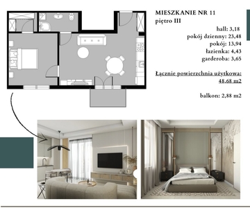 Duże 2 pokoje w apartamentowcu 48,68 mkw