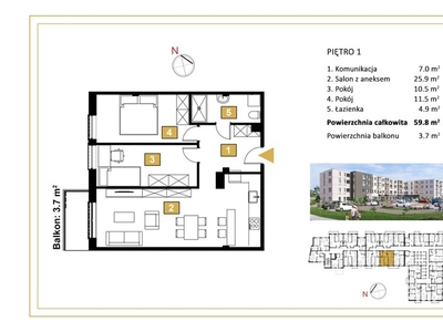 Mieszkanie na sprzedaż 59,80 m², piętro 1, oferta nr 2037/7393/OMS