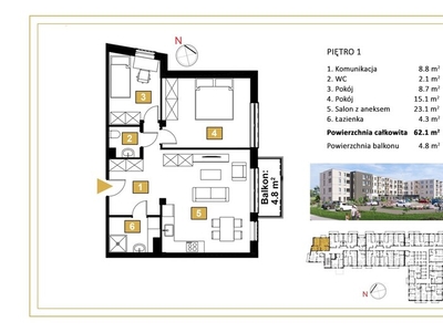 Mieszkanie na sprzedaż 62,10 m², piętro 1, oferta nr 2035/7393/OMS