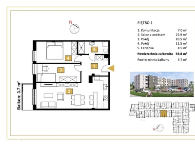 3 pokojowe mieszkanie z balkonem 3,7m2