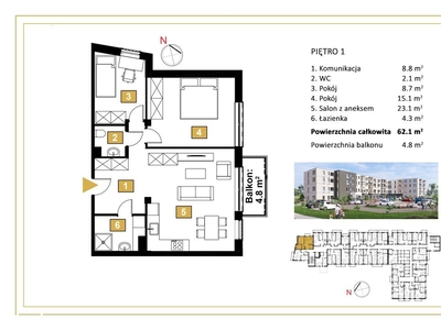 3 pokojowe mieszkanie z balkonem 4,8m2
