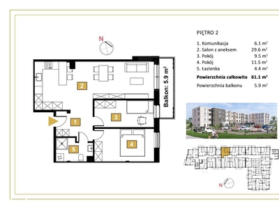 3 pokojowe mieszkanie z balkonem 5,9m2- Rezerwacja