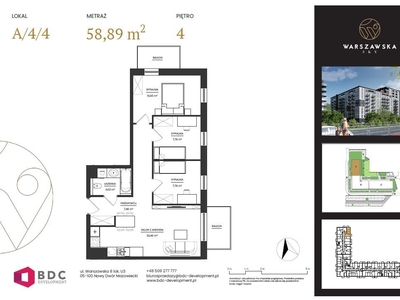 4 pokoje, 2 balkony, 58,89m2