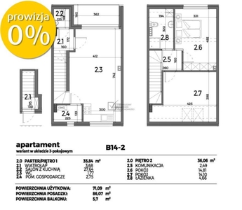 Apartament dwupoziomowy 71,09 m2, 3 pokoje.