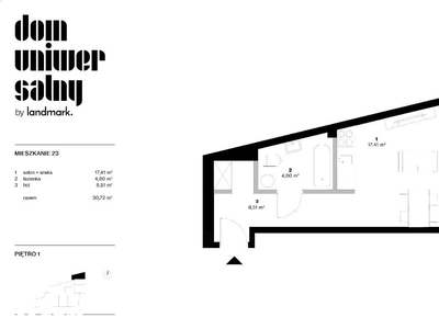 1 pokojowe mieszkanie z aneksem kuchennym 30,72 m2
