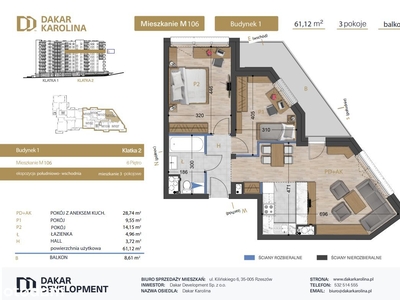 3-pokojowe|61,12m2|6Piętro|Balkon|Dakar Karolina